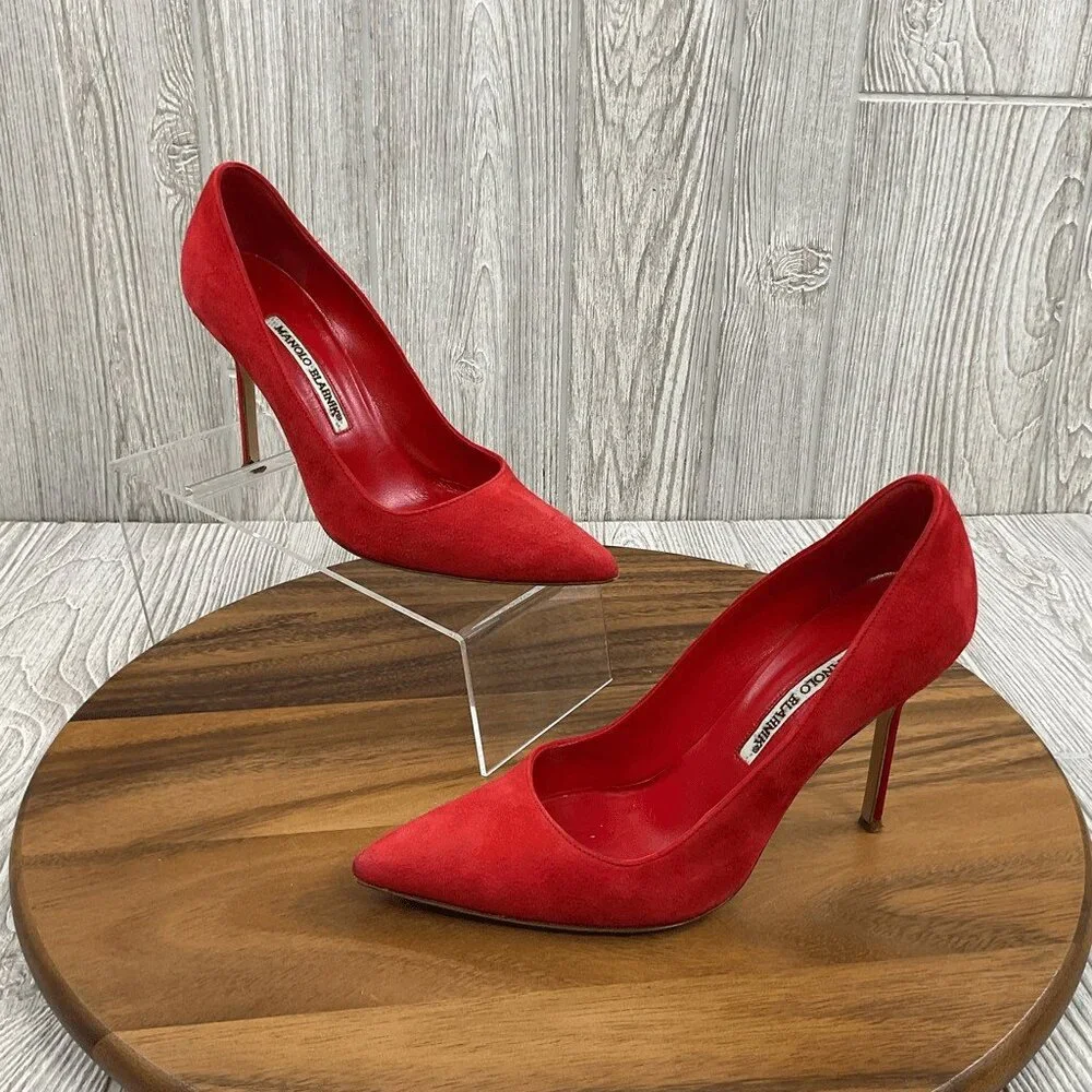 Manolo Blahnik BB 105 Red Suede Shoes Pumps Heels Pointed Toe